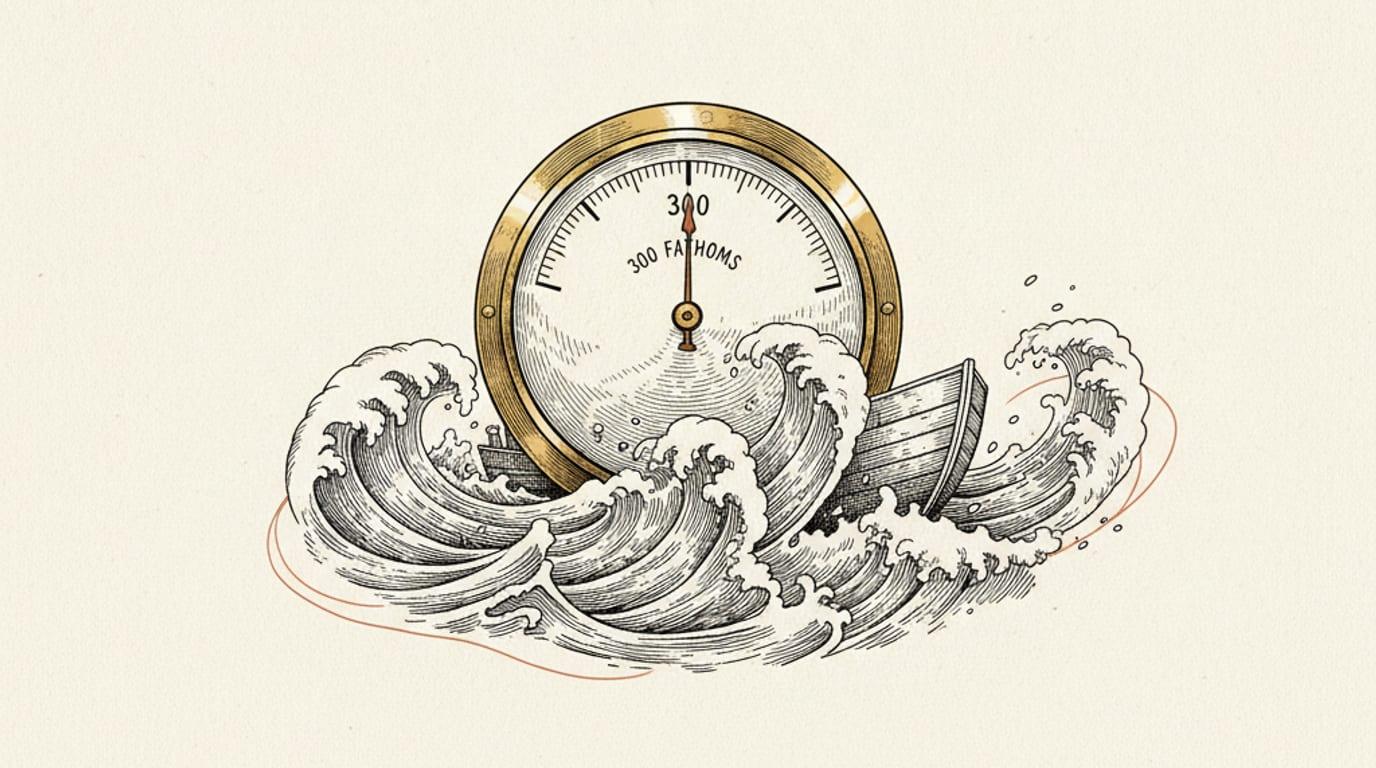 Engraving of a ship's gauge with a steady needle mounted against a churning stormy sea