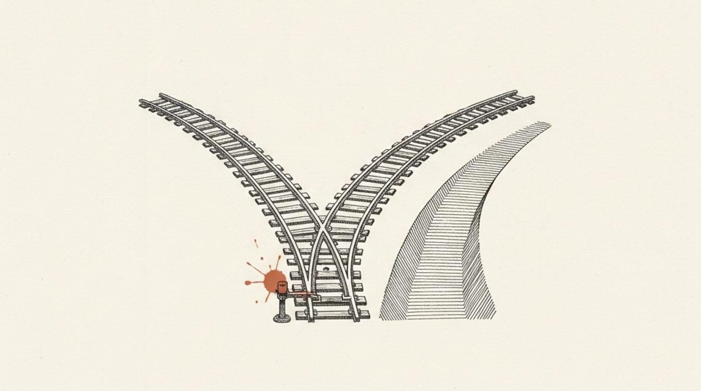 Three railway tracks splitting from one switch, each heading a different direction
