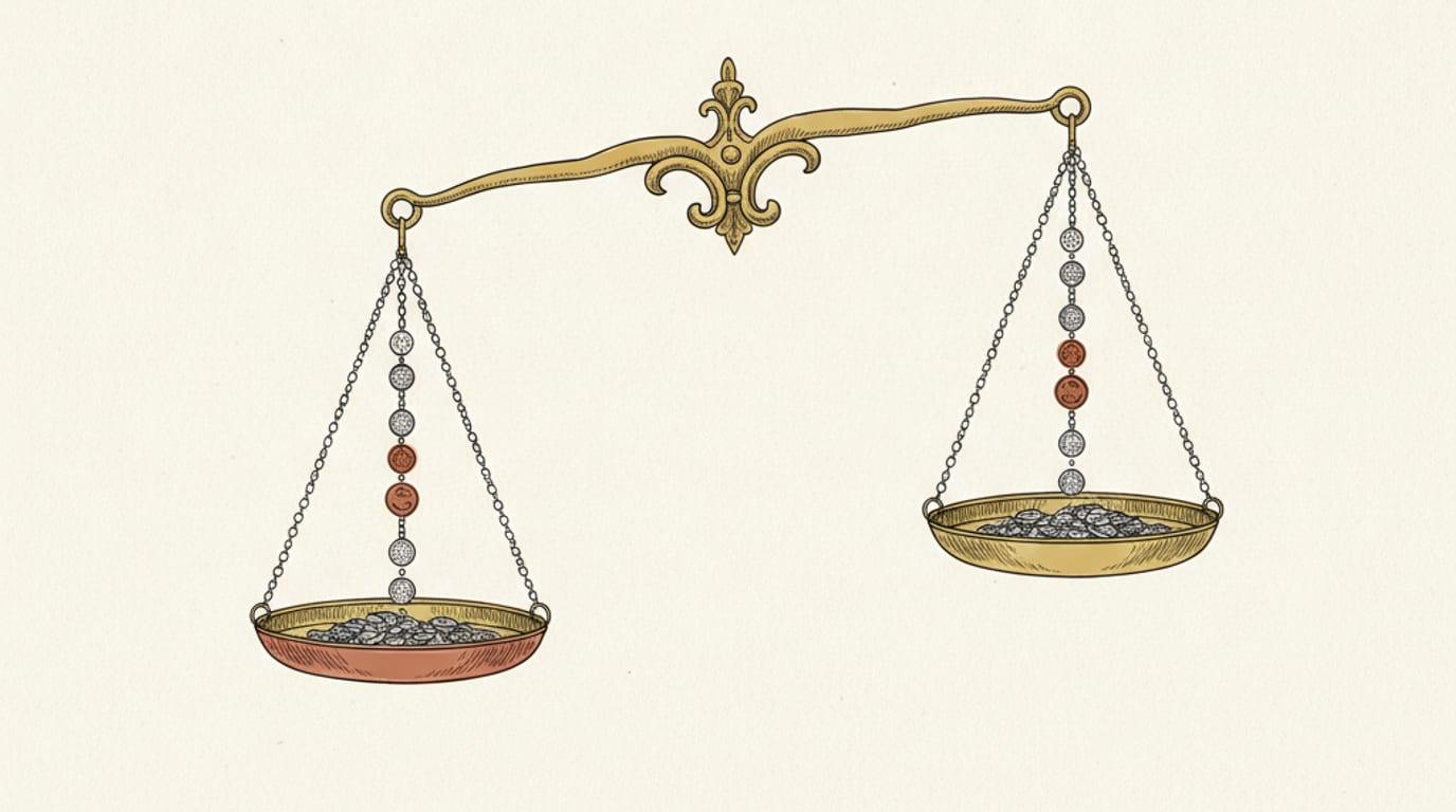 An engraving of a brass balance scale in equilibrium with coins flowing steadily onto each pan