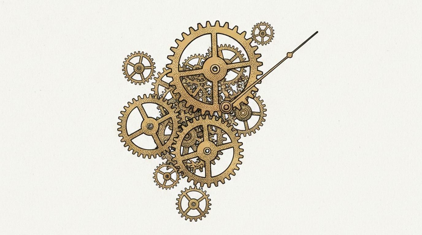 The exposed brass gears of a mechanical clock, a few large wheels driving many smaller ones connected to a single hand