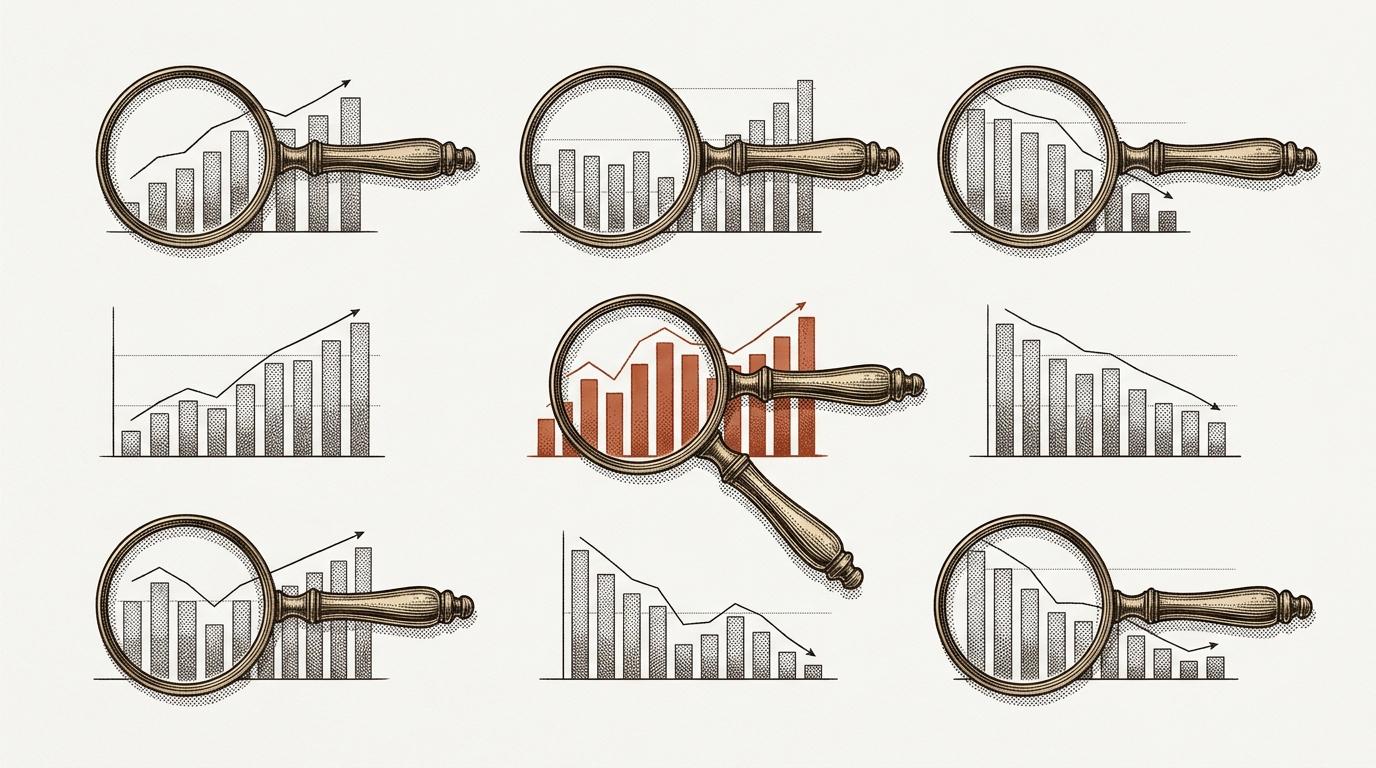 Seven antique magnifying glasses arranged in a grid, each examining a different financial bar chart fragment