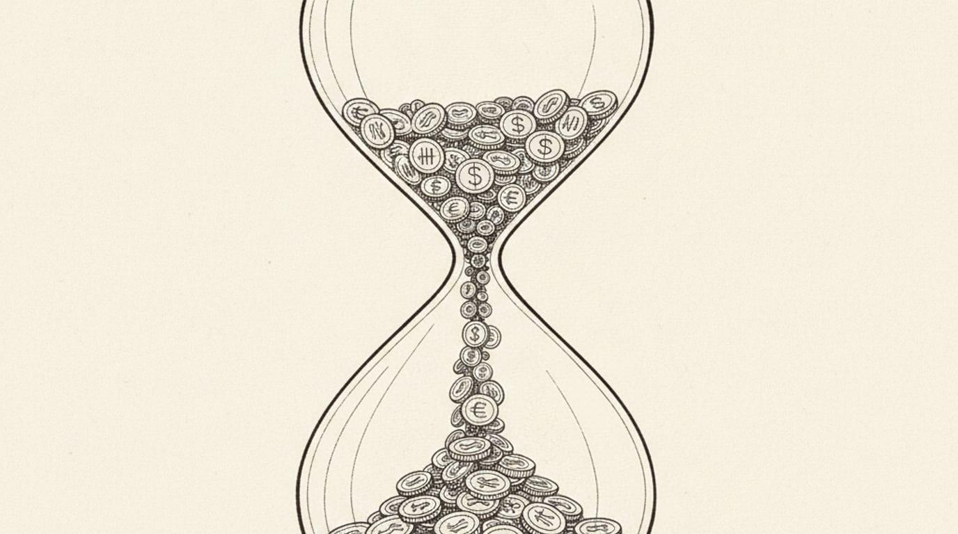 An hourglass with coins streaming through the narrow neck instead of sand