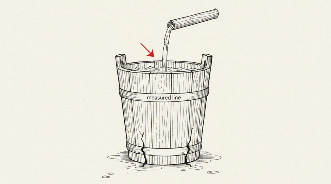 An engraving of a wooden bucket filled by a spout above while thin streams leak from cracks near its base.