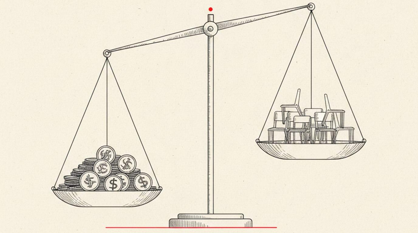 A balance scale with coins on one pan and small empty chairs on the other