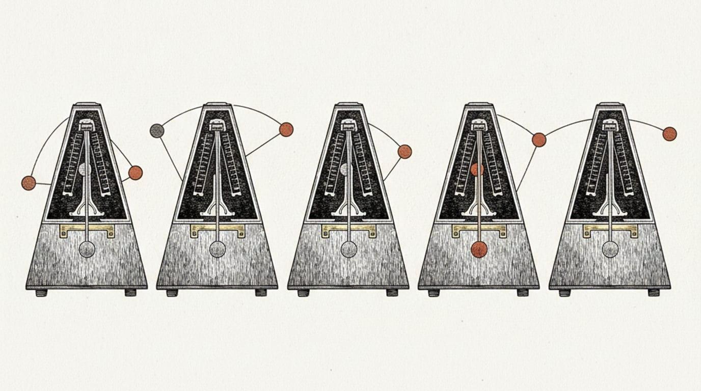 Several antique metronomes in a row with pendulums caught at different positions mid-swing