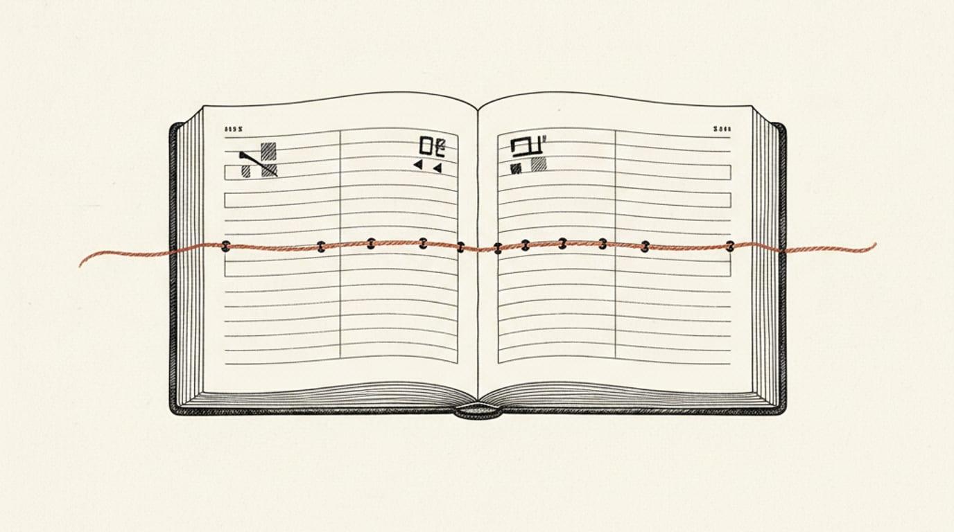Two open ledger books joined by a thread linking one line across both