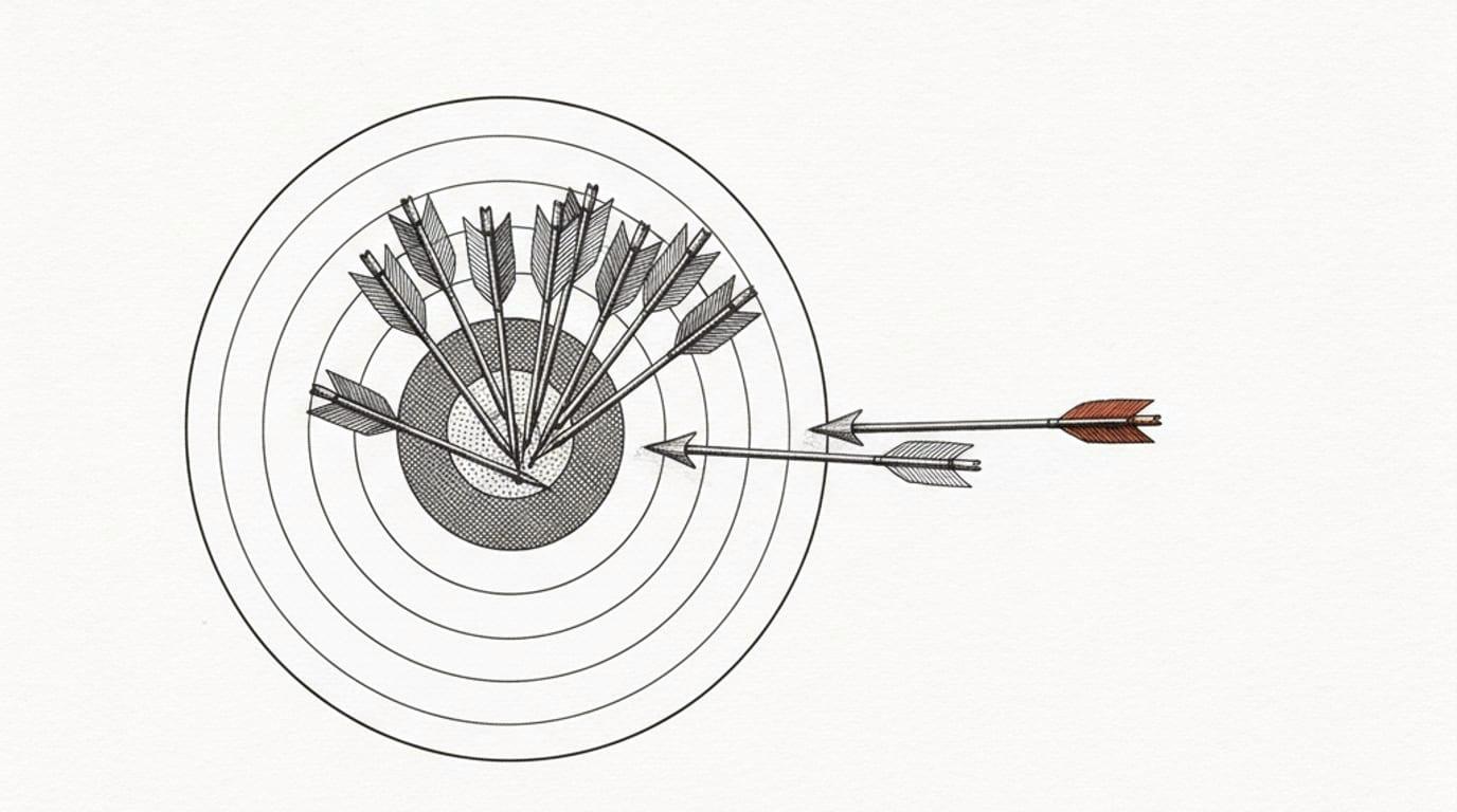 A paper archery target with a tight group of arrows landed off-center and one arrow near the outer edge