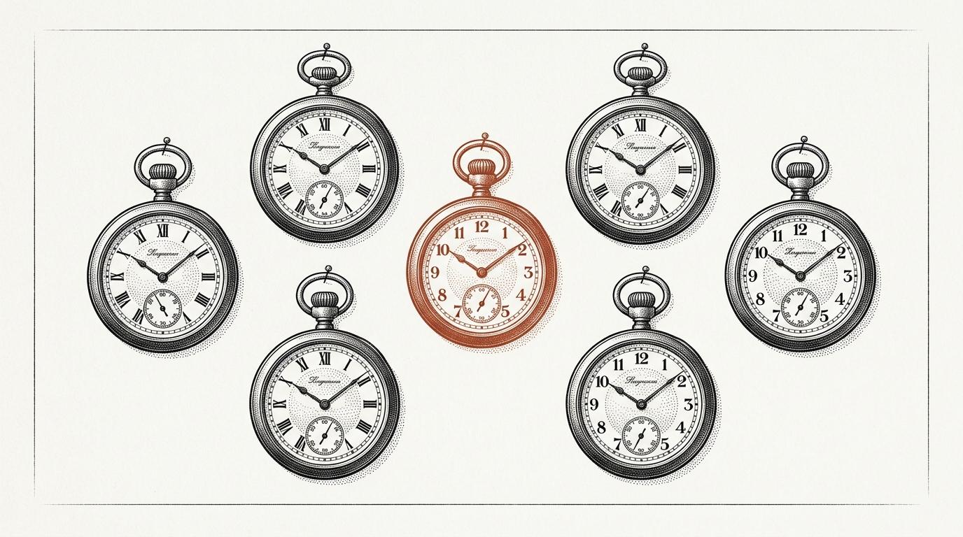 Seven antique pocket watches frozen at slightly different times, in classical engraving style