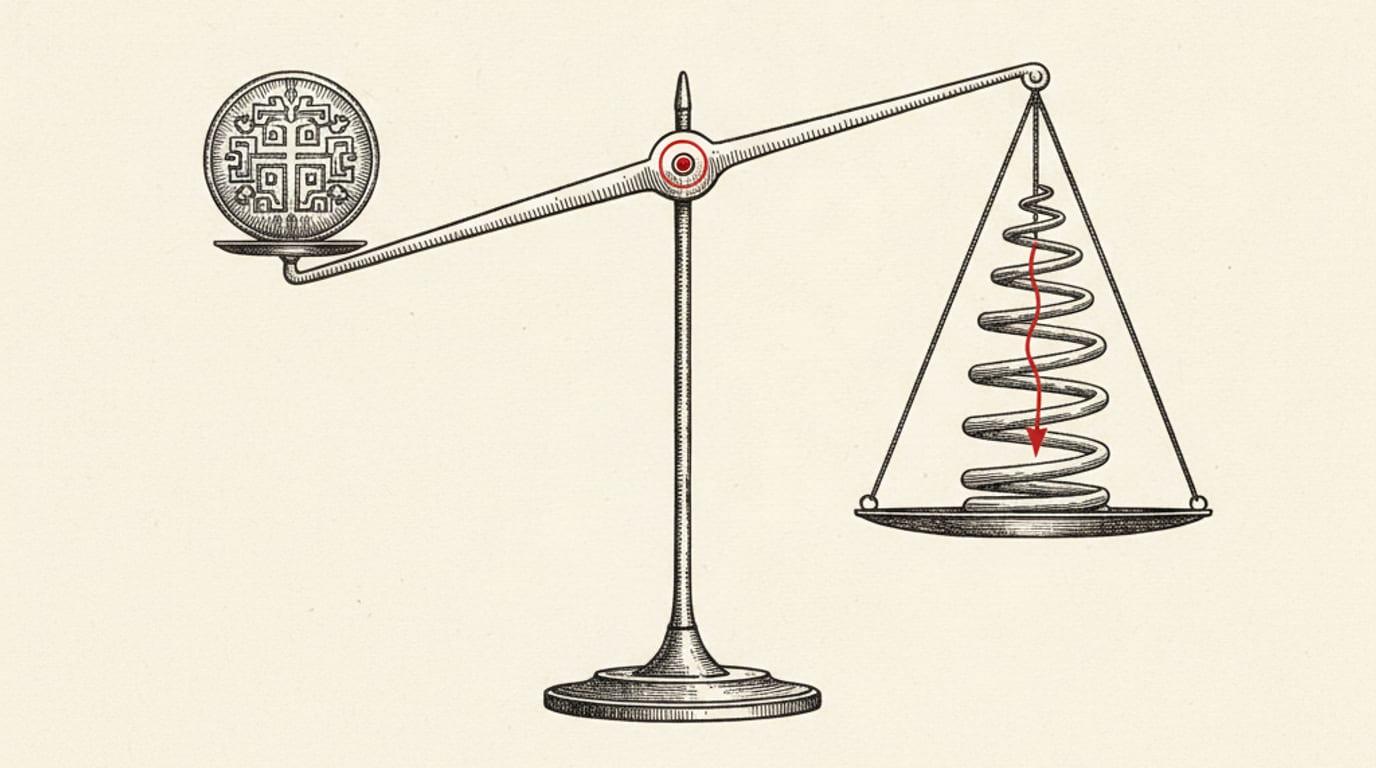 An engraving of a beam balance scale weighing a coin against a coiled spring under tension.