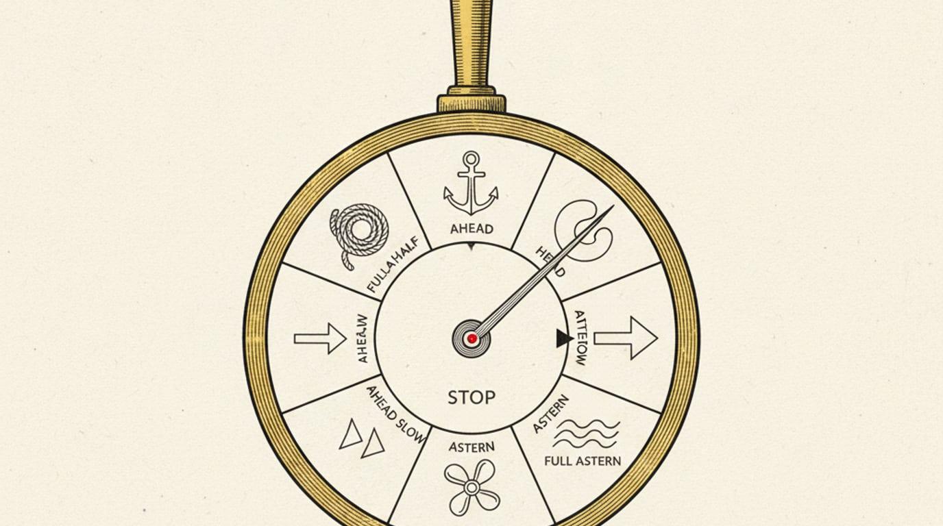 An engraving of a ship's engine-order telegraph with a dial of positions and a needle on one notch.