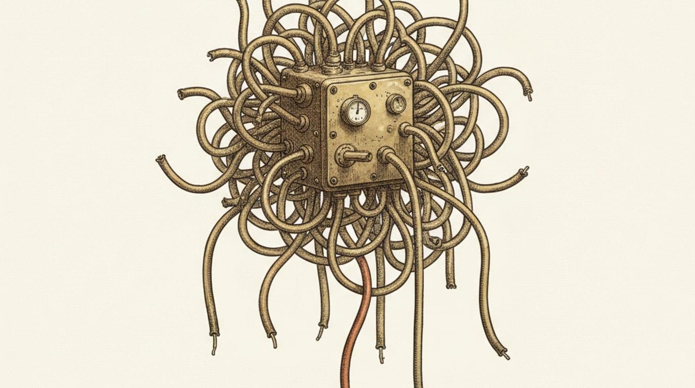 An engraving of tangled pneumatic tubes branching from a junction box with several disconnected ends