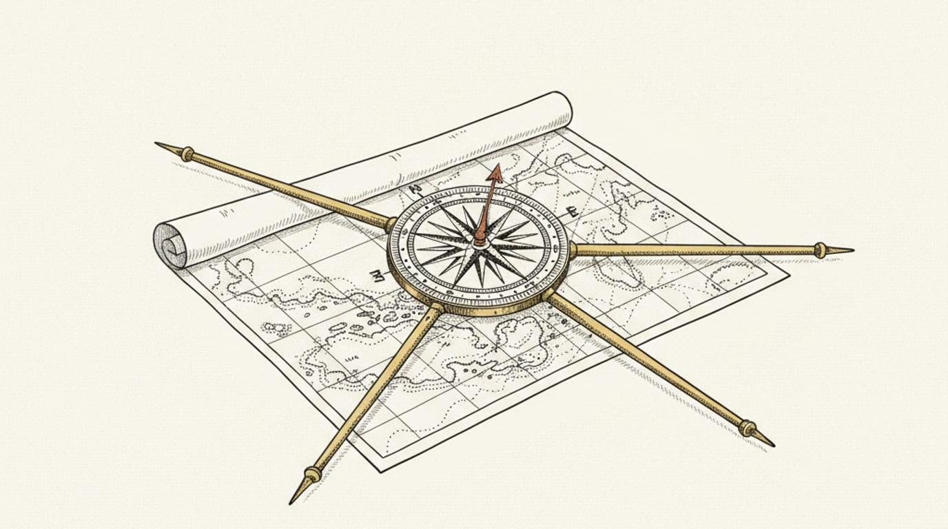 An engraving of a brass navigational instrument with three sighting arms radiating from a single compass rose over a chart