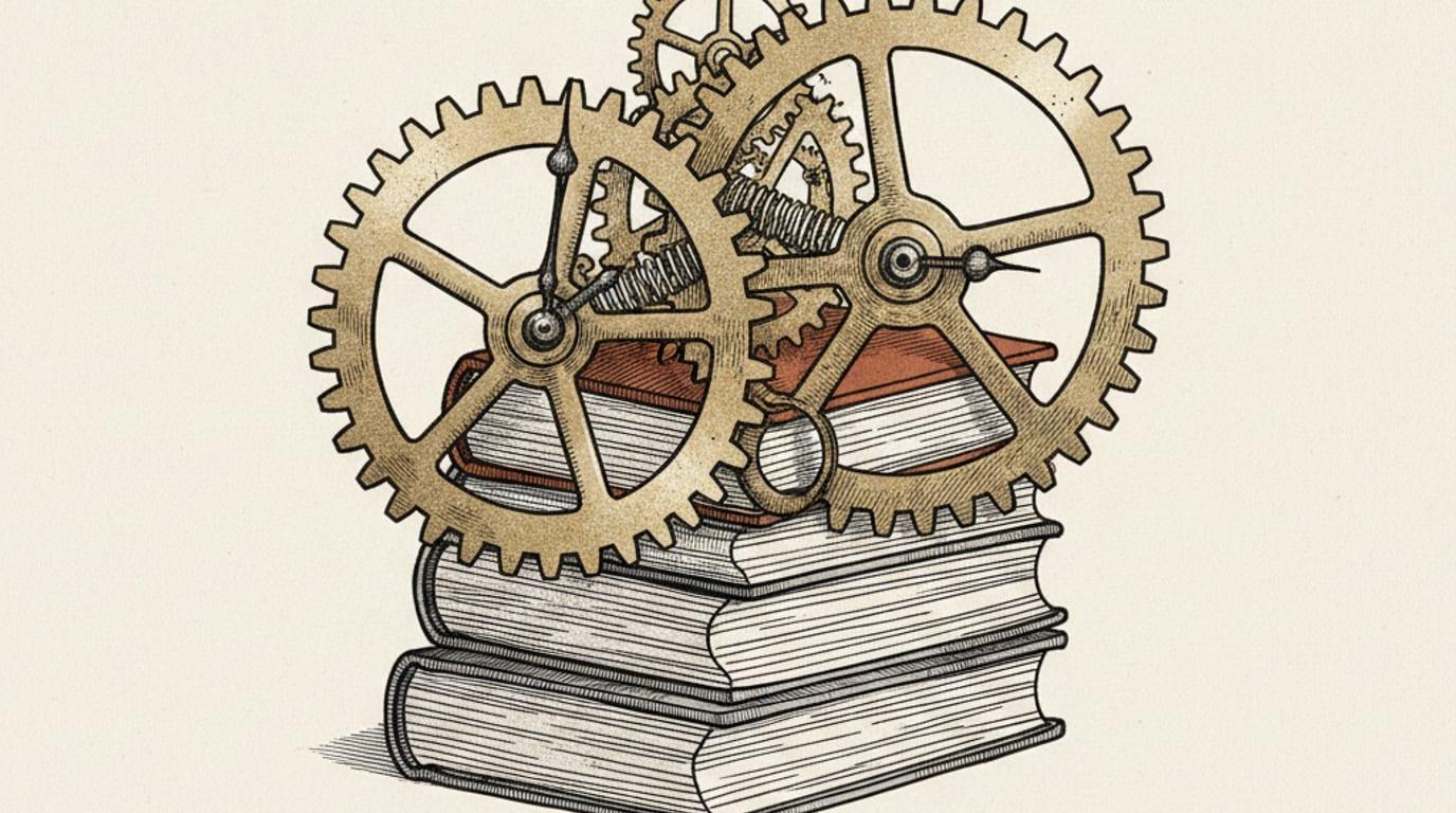 An engraving of a brass clockwork mechanism with its hands frozen, one gear jammed by a stack of ledger papers