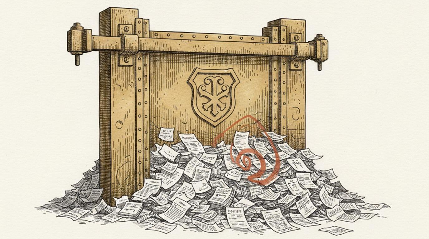 An engraving of a sealed brass sluice gate holding back a flood of paper invoices
