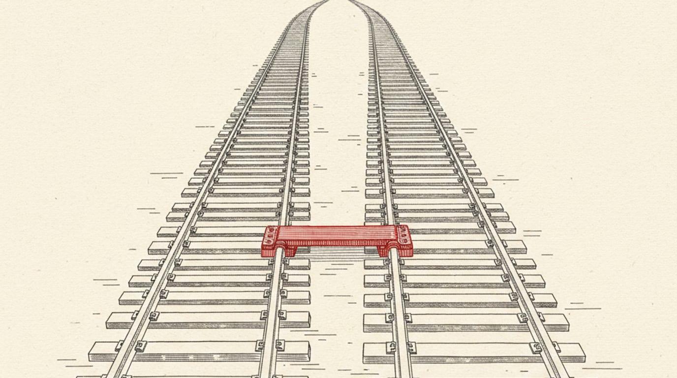 An engraving of two parallel railway tracks of different gauges connected by one crosstie.