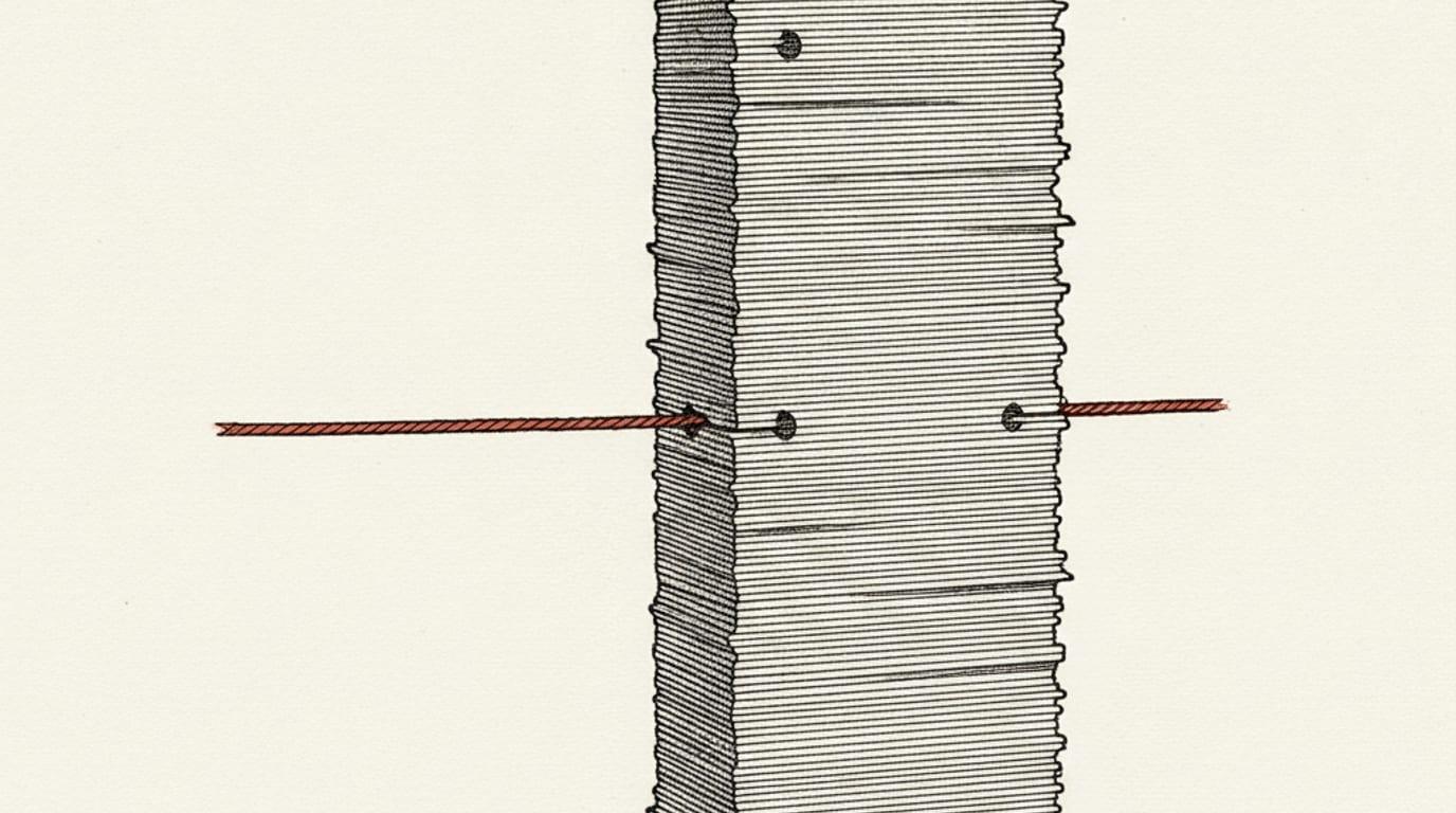 Engraving of a single taut thread threaded through a stack of bound pages, drawing them into alignment