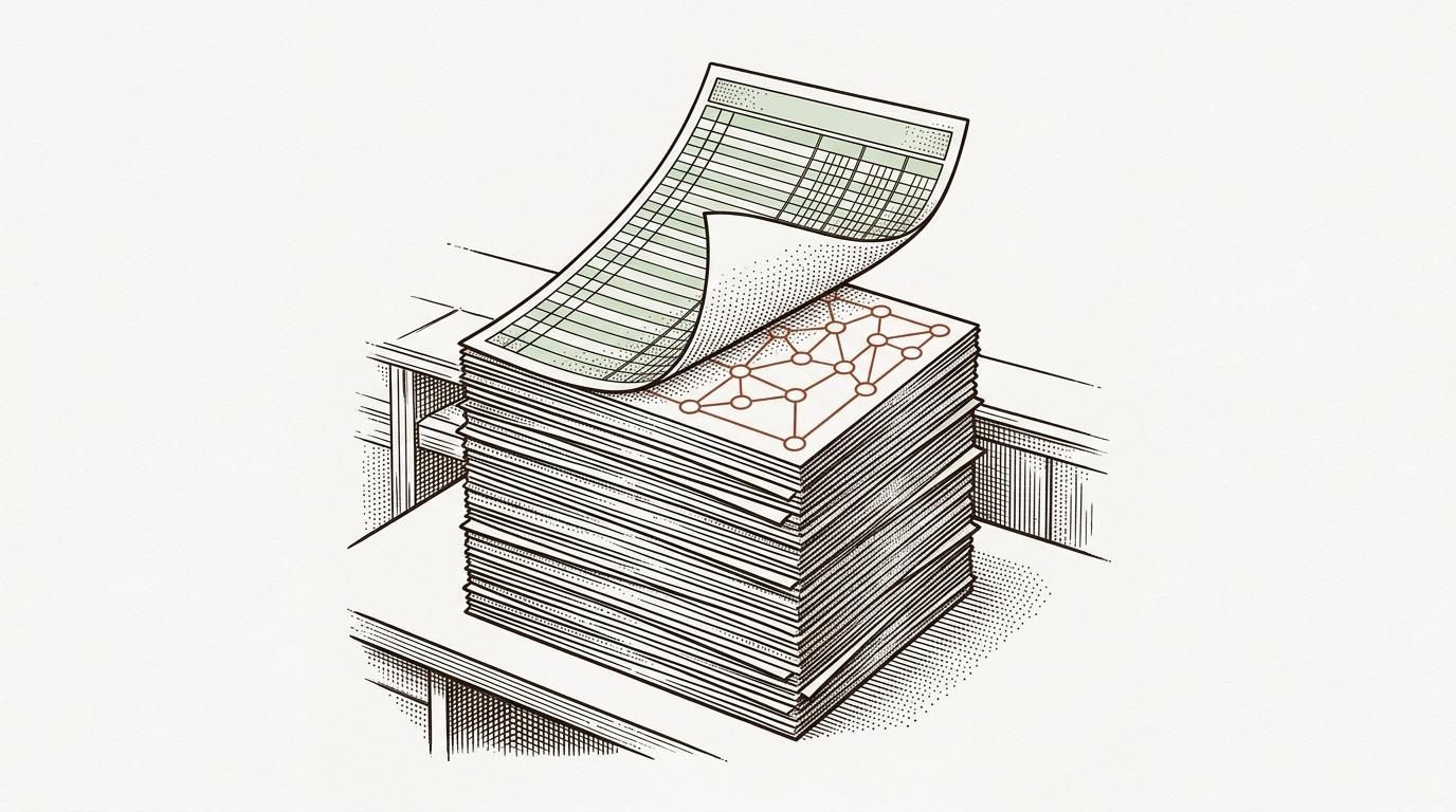 Stack of green-bar accounting paper, top sheet peeling to reveal a network of connected nodes underneath