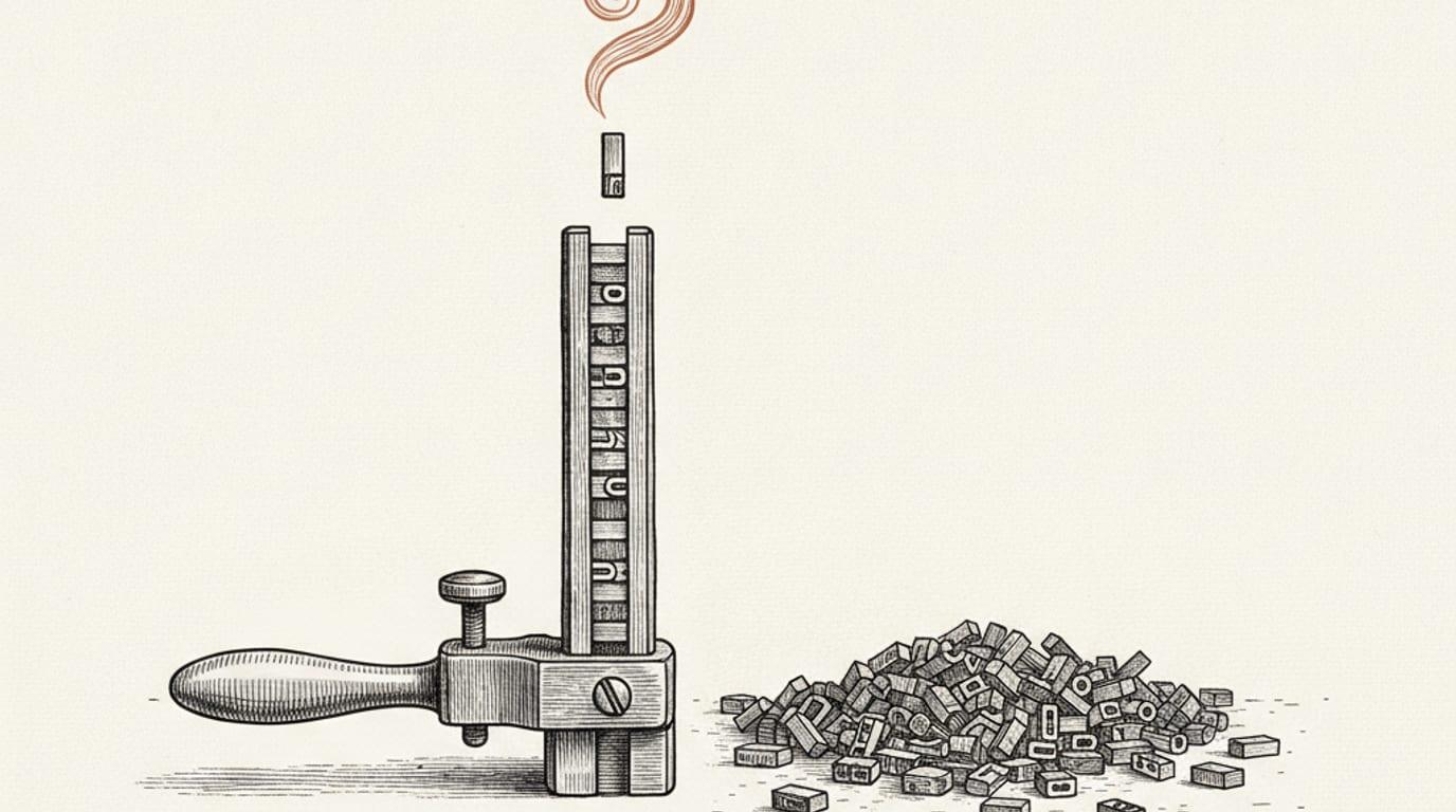 Engraving of a letterpress composing stick assembling one neat column of type from a scattered heap of loose metal letters