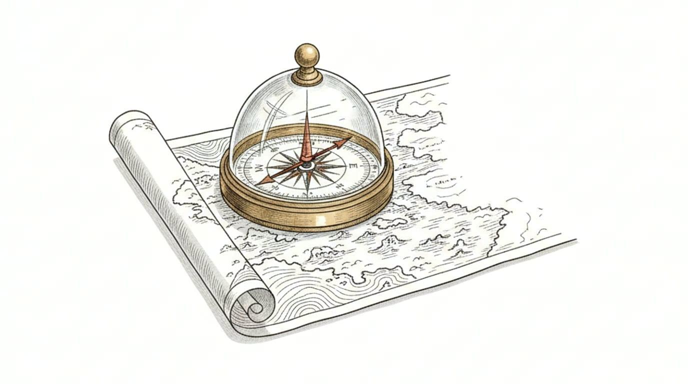 An antique nautical compass resting on a sea chart whose drawn coastline fades into blank, unmapped paper