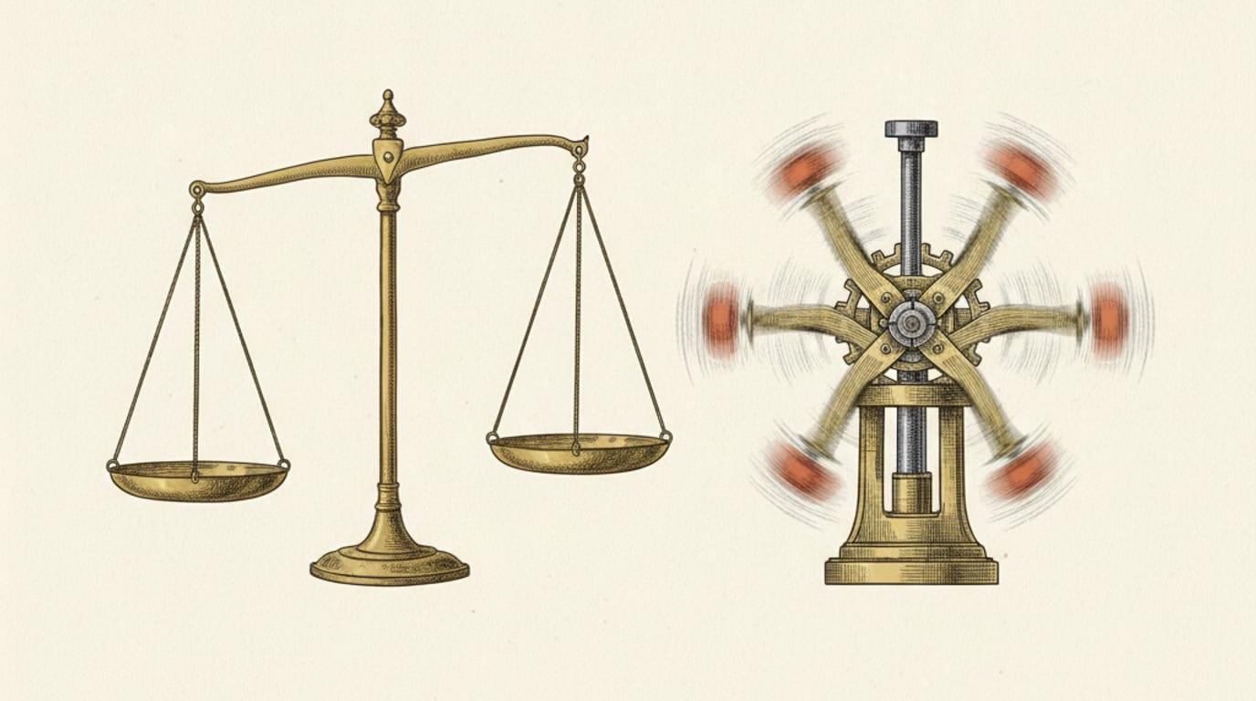 An engraving contrasting a single balance scale with a multi-armed centrifugal governor