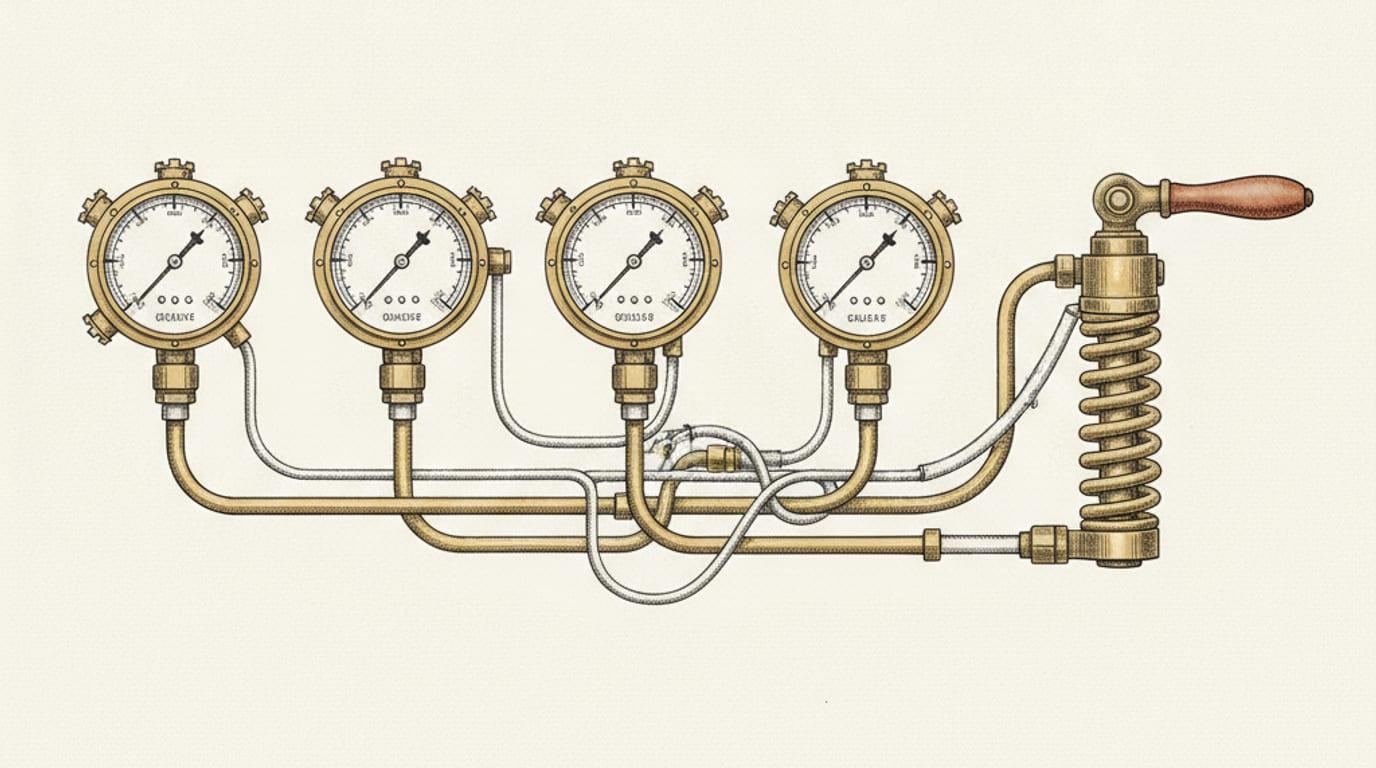 An engraving of three brass pressure gauges connected to a spring-loaded release lever
