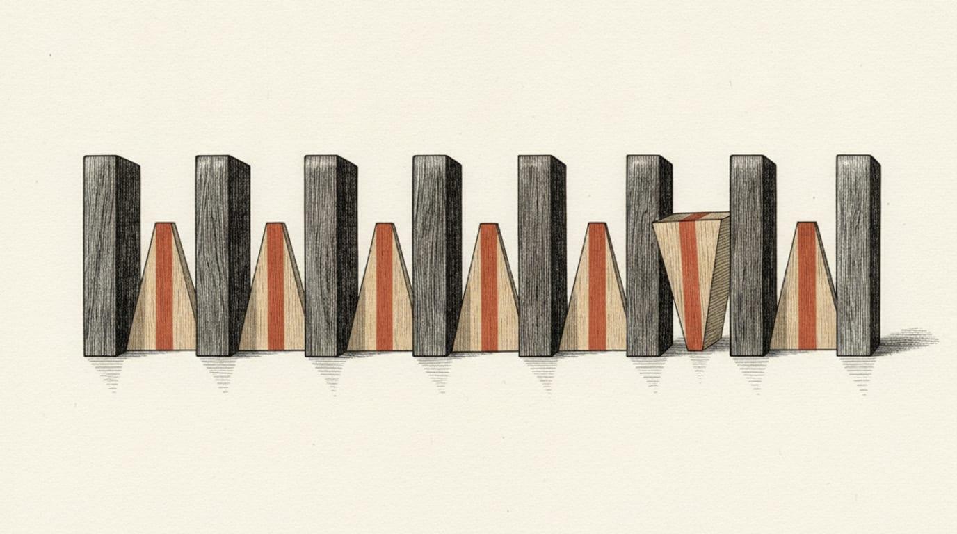 Engraving of a row of standing dominoes with small wedges placed between them to prevent any from toppling